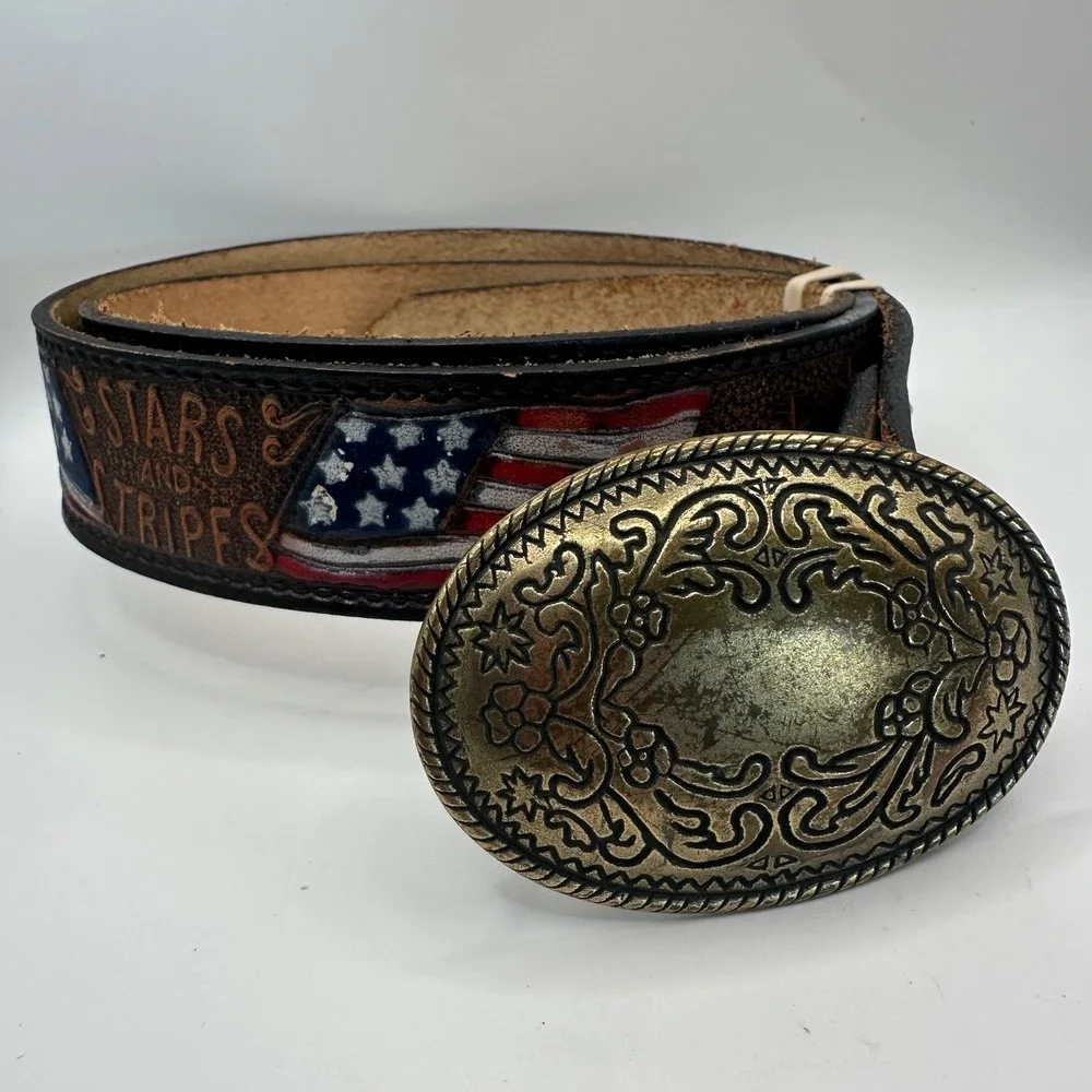 Brushy Creek Mens 38 Leather Belt USA Stars & Stripes Flag Western Brass Buckle